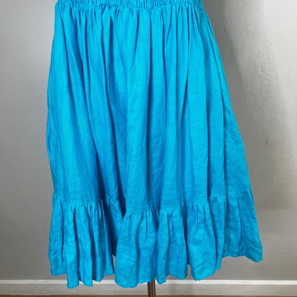 Mille Resort Mini Dress Smocked Turquoise Blue Linen Dress Ruffle Sleeves Size S - Picture 3 of 14